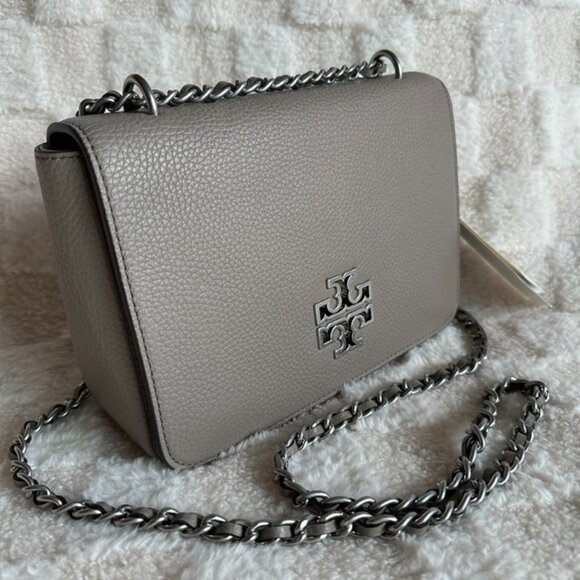 NWT! Tory Burch Britten Adjustable Shoulder Bag Pebble Leather Grey Silver 67292 - Picture 2 of 11